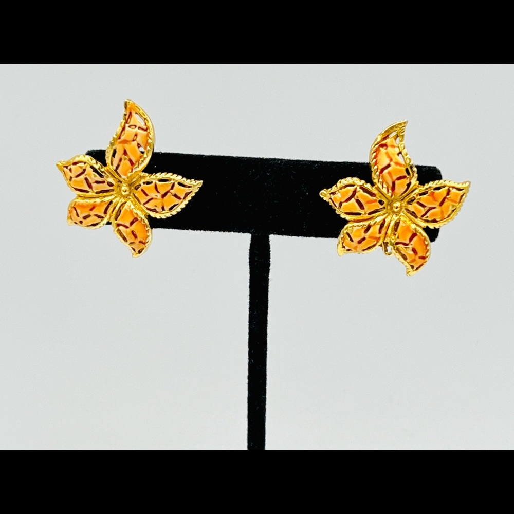 Vintage gold filigree clip on earrings orange floral cutouts